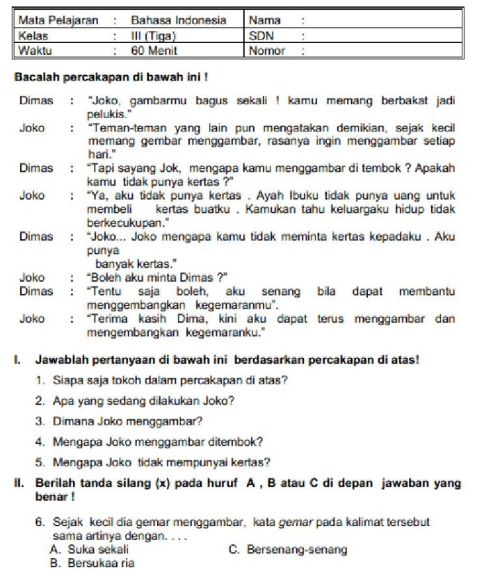 Soal Bahasa Indonesia Kelas 3 SD Beserta Kunci Jawaban Lengkap untuk Latihan Belajar